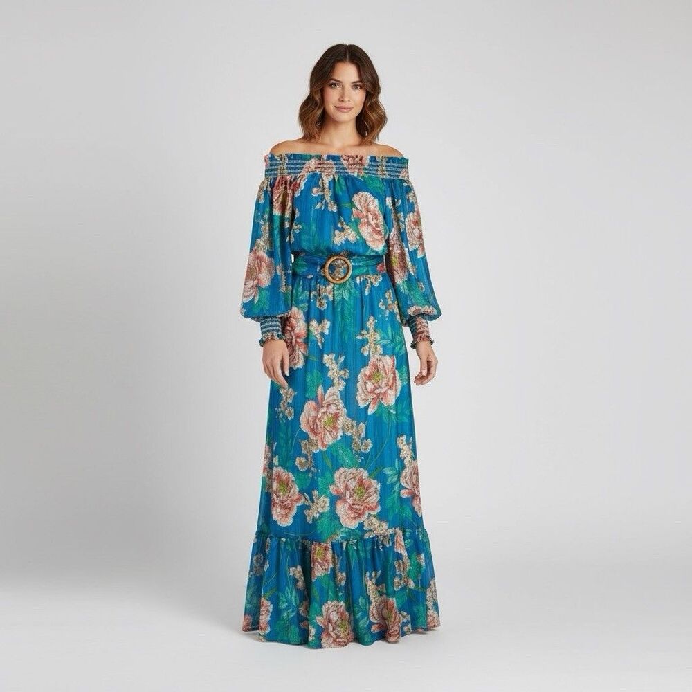 Boston Proper Off The Shoulder Floral Tiered Maxi Blue Dress Sz L Resort Wear